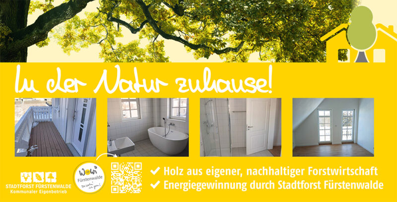 Flyer zum Naturhaus der WoWi: in Holzbauweise aus eigener, nachhaltiger Forstwirtschaft und mit Energiegewinnung durch Stadtforst Fürstenwalde, Emma-Reich-Straße 6–9 in 15517 Fürstenwalde